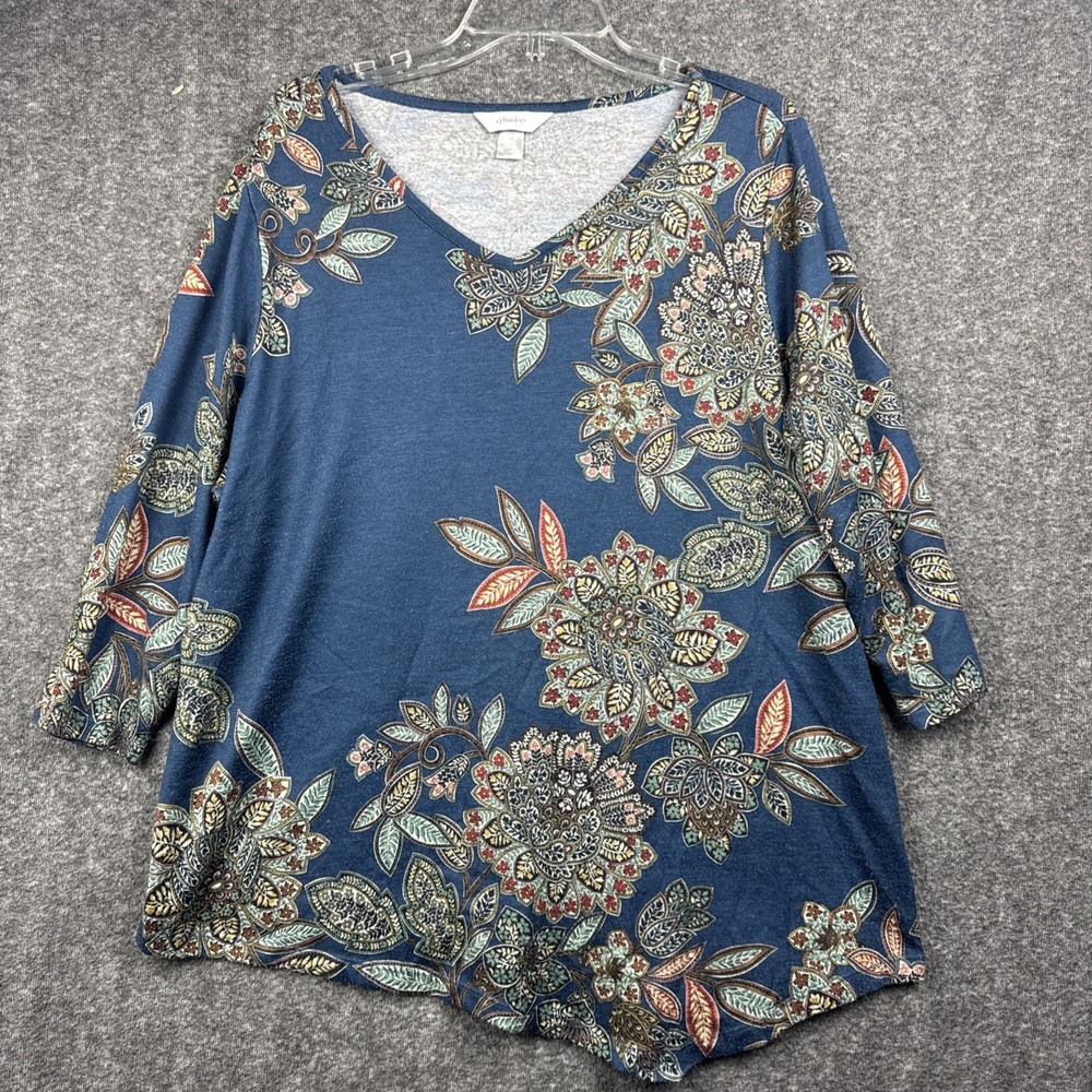 CJ Banks 1X Blue‎ Floral Knit Top 3/4 Sleeve Plus Size Stretch Shabby Chic Y2K